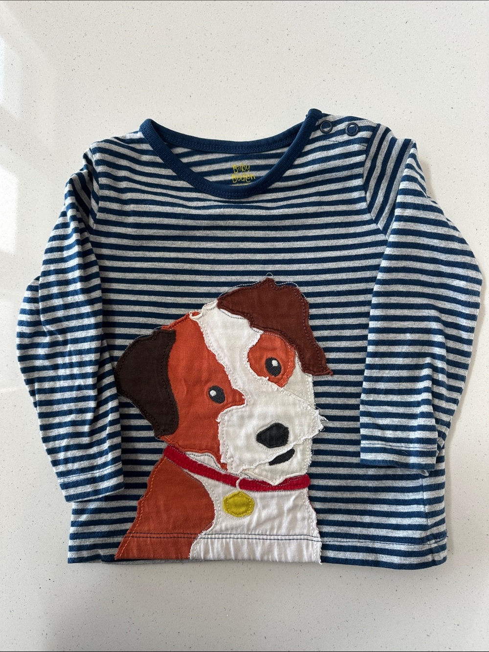 Baby Boden Navy & White Striped Long-Sleeve Tee with Puppy Appliqué
